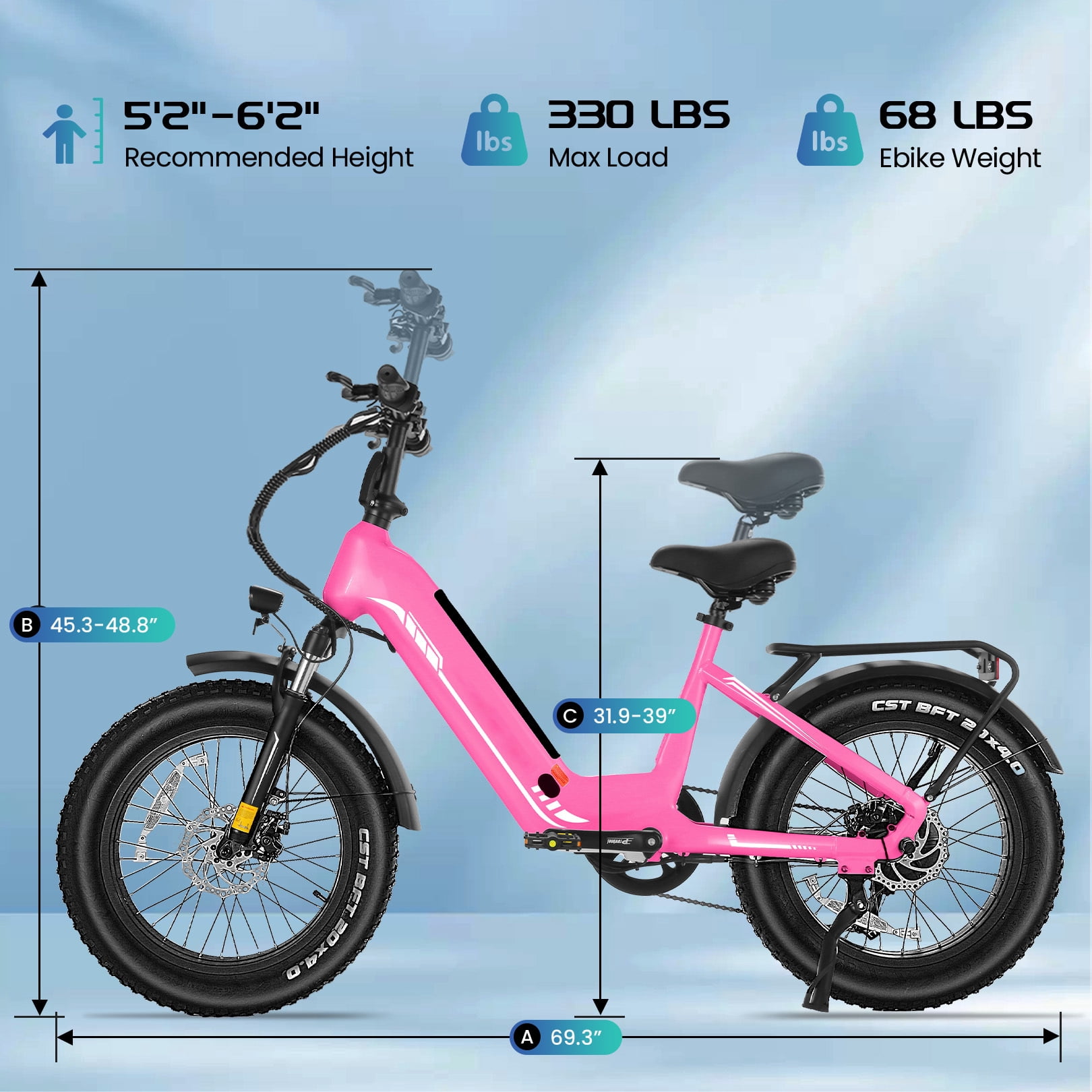 Elifine 500W Peak 1025W Electric Bike for Adults 20"x4" Fat Tire Shimano 7 Speed Ebike UL2849 Pink