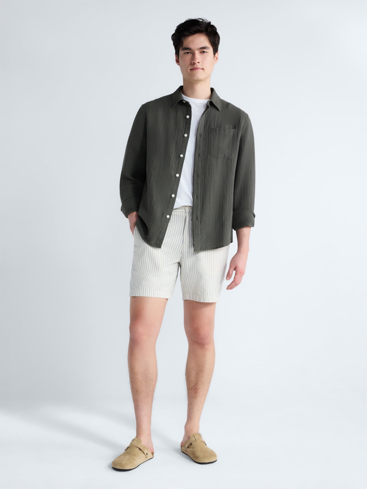 Free Assembly Men's Button Front Double Cloth Shirt with Long Sleeves, Sizes XS-3XL