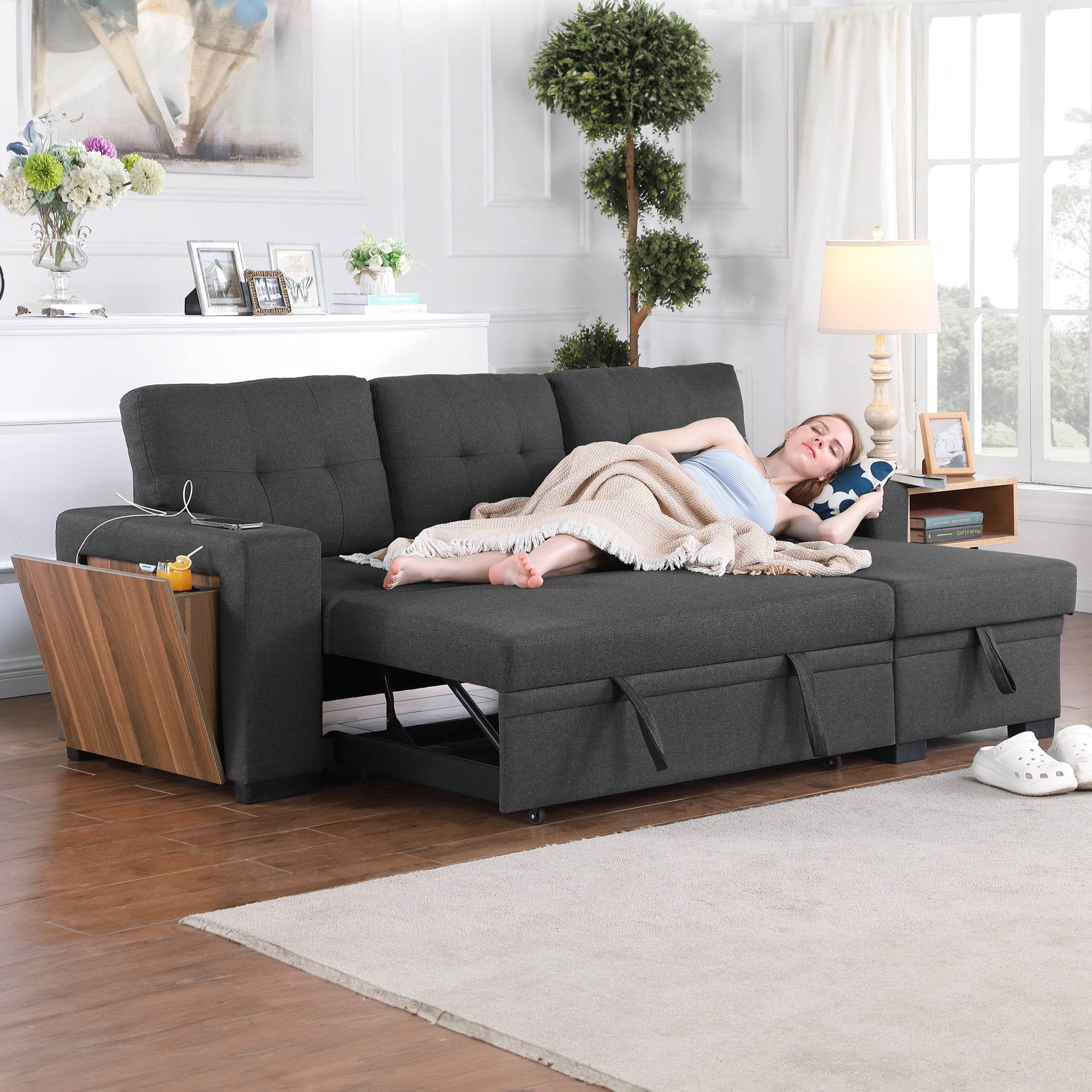Aukfa 92" Sofa Bed Reversible Sectional Sleeper Sofa with Storage Chaise&Side USB &Cupholder Console for Living Room, Linen, Gray
