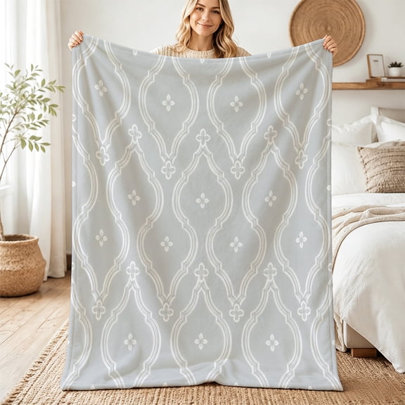 Verolix Gray Ogee Trellis Flannel Throw Blanket for Couch and Bed, Holiday Gift, 30" x 40"