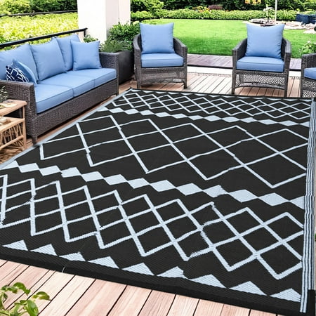Outdoor Plastic Waterproof Rug 9 x 12  for Patio  Porch  Deck  Backyard  Balcony  Reversible  Geometric