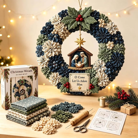 suore Christmas Wreath, 3D Fabric Wreath DIY Kit, Christmas Wreath Craft Set for Beginners, Holiday Art Project for Home Door Wall Hanging Decor, Christmas Gift for Craft Lovers