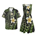 thumbnail image 5 of Garronmavis Matching Beach Outfits for Couples Polynesian Plumeria Polyester Vacation Short Sleeve Shirt for Men Size L and Women's Sleeveless Round Neck Patchwork Dress, 5 of 7