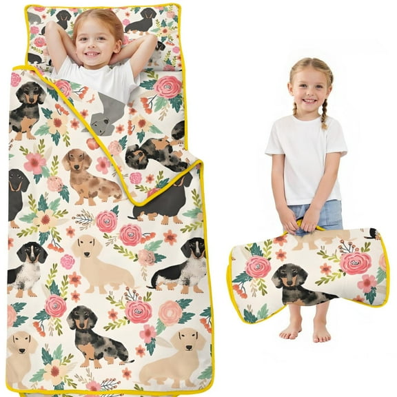 Dachshund and Flower Toddler Nap Mats for Kids Preschool,Sleeping Mat Bag or Kids,Toddler Sleeping Bag,Toddler Nap Mat or Daycare