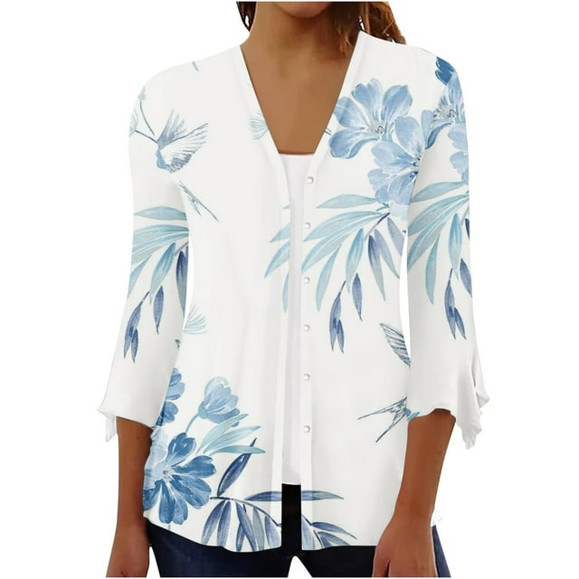 Wolfast Cardigans Décontractés pour Femmes à devant Ouvert Manches 3/4 Imprimé Boutons Grande Taille Blouses Amples, Bleu, P