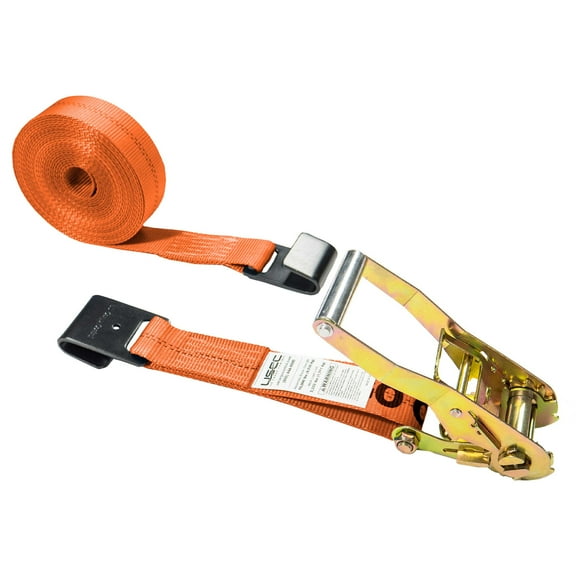 US Cargo Control Flat Hook Ratchet Strap 2 Inch X 30 Foot, 10,000 LBS Break Strength, Orange Heavy Duty Ratchet Straps with Black Flat Hooks, Tie Downs for Flatbed Trailer