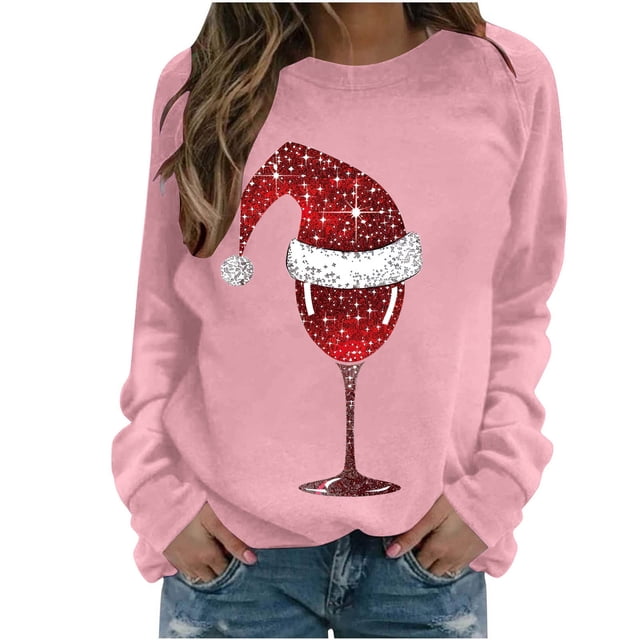 Staron Chandail de Noël pour Femmes, Manches Longues, Verre de Vin Rouge, Chandail Décontracté à Col Rond, Chandail Festif, Chandail Laid, Hauts de Noël, Cadeaux à Moins de 10 Dollars pour Femmes