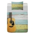 thumbnail image 1 of Music Reversible Bedspread Set, Acoustic Guitar on Colorful Painted Aged Wooden Planks Rustic Country Design, Pillow Shams & Comforter Microfiber Bedding Set, 3 Sizes, Green Pale Blue, by Ambesonne, 1 of 4