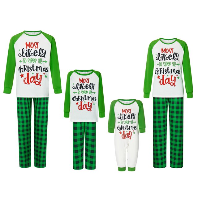 Pijamas NavideñOs Para La Familia Blusa De Letra Impresa Y Pijama De PantalóN A Cuadros Verdes ; Mamá S
