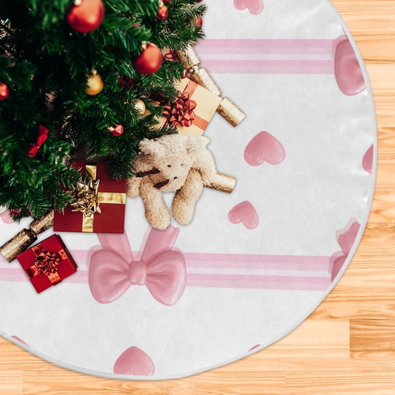 Pink Bows Stripes Hearts Valentine Christmas Tree Skirt Opening Design Floor Protection Holiday Decor 35.4" Diameter S
