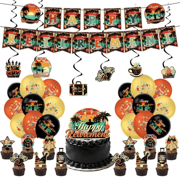 Retirement Party Decoration Set Tropical Beach Theme, Happy Banner Balloons Topper Hanging Swirls and Table Accents for Office Farewell Celebration