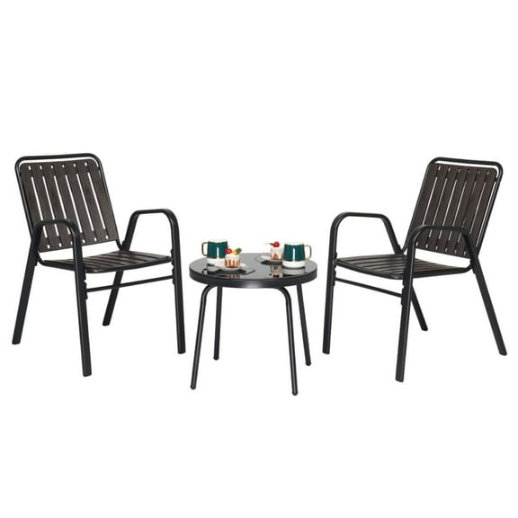 Hassch 3-Piece Patio Furniture Set, Outdoor Side Table with Glass Top & 2 Stackable Chairs, Conversation Set for Deck Garden Backyard, Black