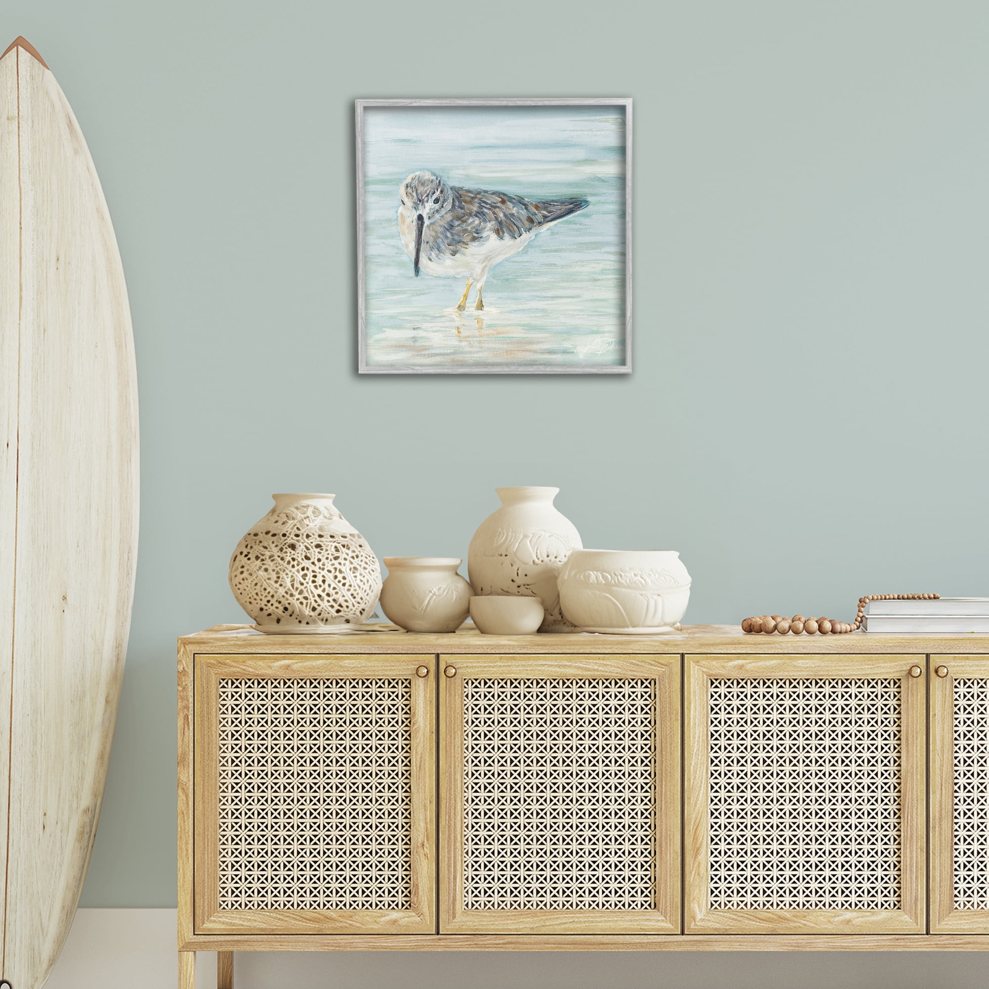 Stupell Industries Sandpiper on Shallow Shore Animals & Insects Painting Gray Framed Art Print Wall Art, 24 x 24
