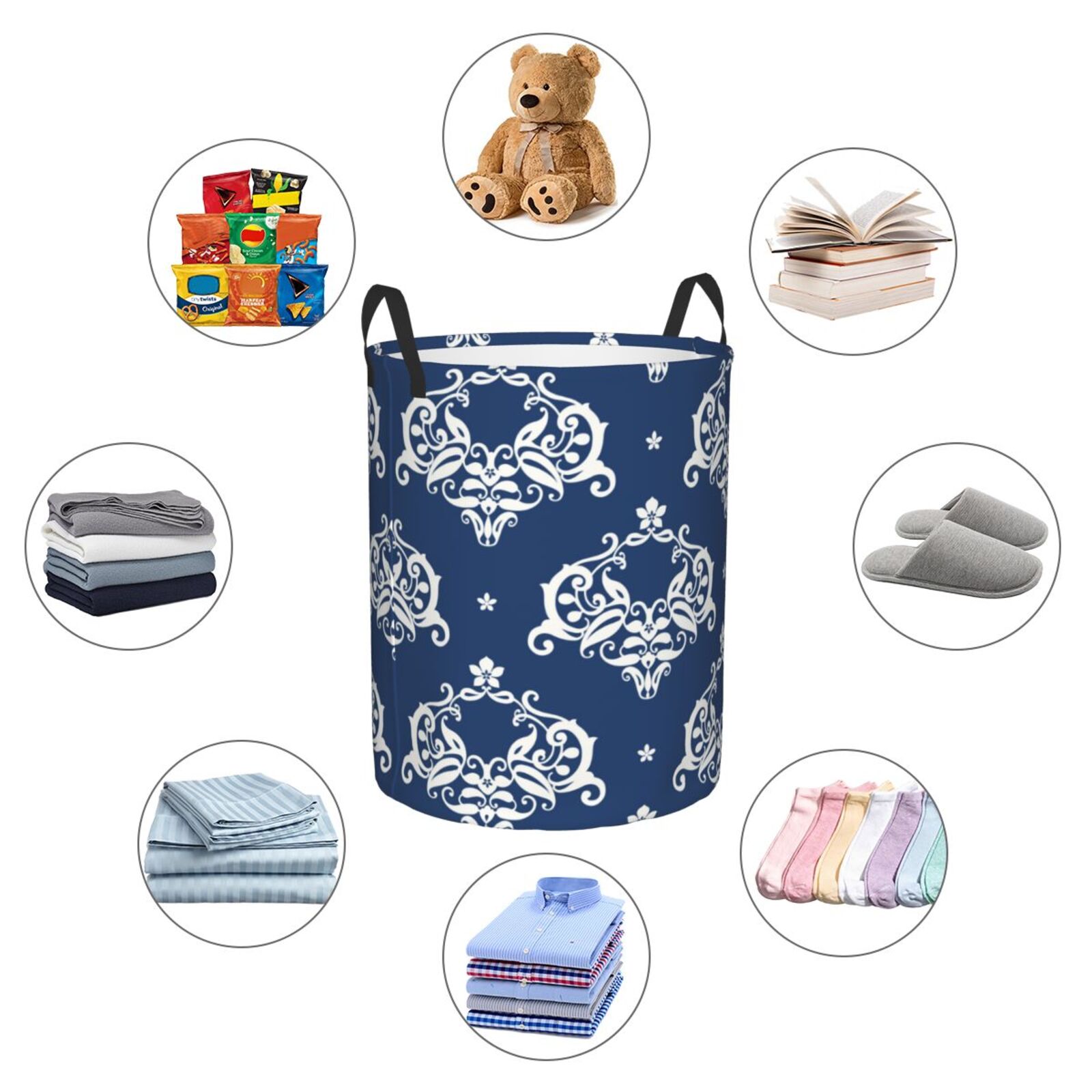 Large Laundry Basket with Handles - Traditional vintage navyblue print Kids Baby Dirty Clothes Laundry Hamper for Bedroom Aesthetic