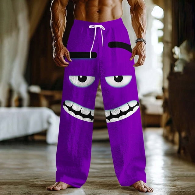 Ceisia Men's Loose Straight Leg Casual Pants Side-Eye Grin Cartoon Print Elastic Drawstring Waist Multi-Color Beach Vacation Pants Purple XXL Gifts