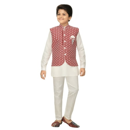 

Ahhaaaa Kids Chikankari Embroidered Waistcoat Kurta and Pajama Set For Boys