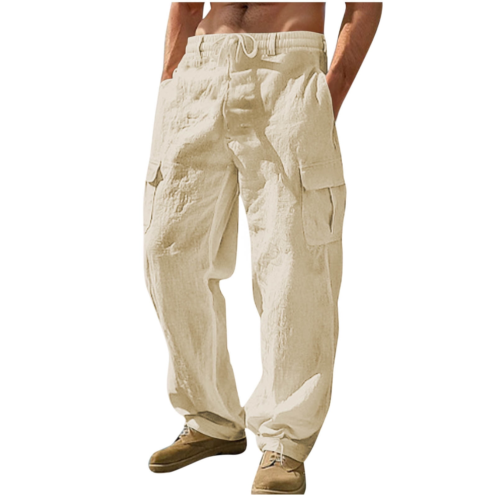 asjyhkr Men Cargo Pants Cotton Linen Drawstring Elastic Straight