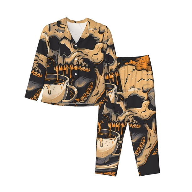 Fotbe Grim Coffee Skull Conjunto de Pijama de Manga Larga para Mujer con Estampado, Ropa de Dormir de 2 Piezas, Conjunto de Casa Suave y Cómodo con Bolsillos-X-Large