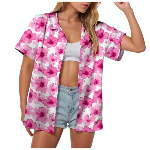 larppty Womens Hawaiian Button Down Shirts Short Sleeve Casual Floral Tropical Shirt Summer Beach Shirt Cool Button Up Tops(Pink, XXXXL)
