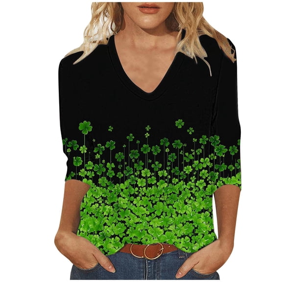 Staron St. Patrick's Day Printed V-Neck 3/4 Sleeve T-Shirt Casual Loose Fit Fashion Top for Women, Green XXL