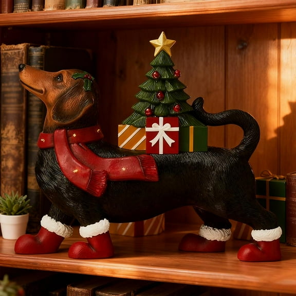 Dachshund Christmas Tree Statue Decor with Light,Resin Christmas Dog Figurine Decoration for Garden Desktop Indoor Ornament Statues Holiday Xmas Present Indoor Display
