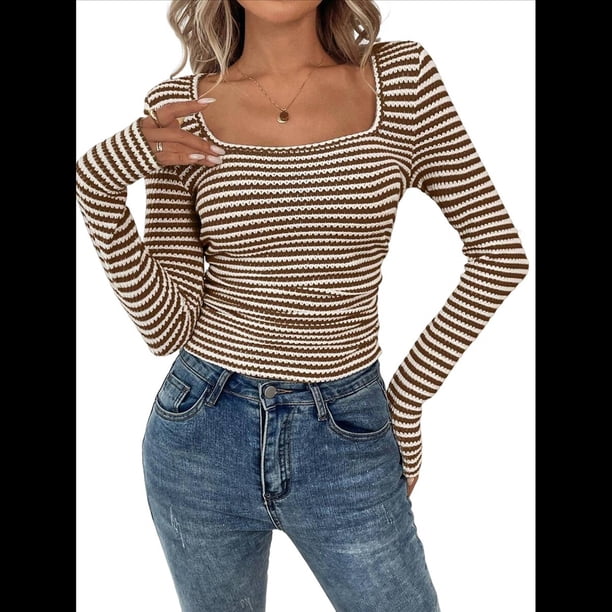 Camiseta de Punto Gofre A Rayas para Mujer, Cuello Cuadrado, Larga, Fruncida, Corte Ajustado, para Otoño. Color Café XL