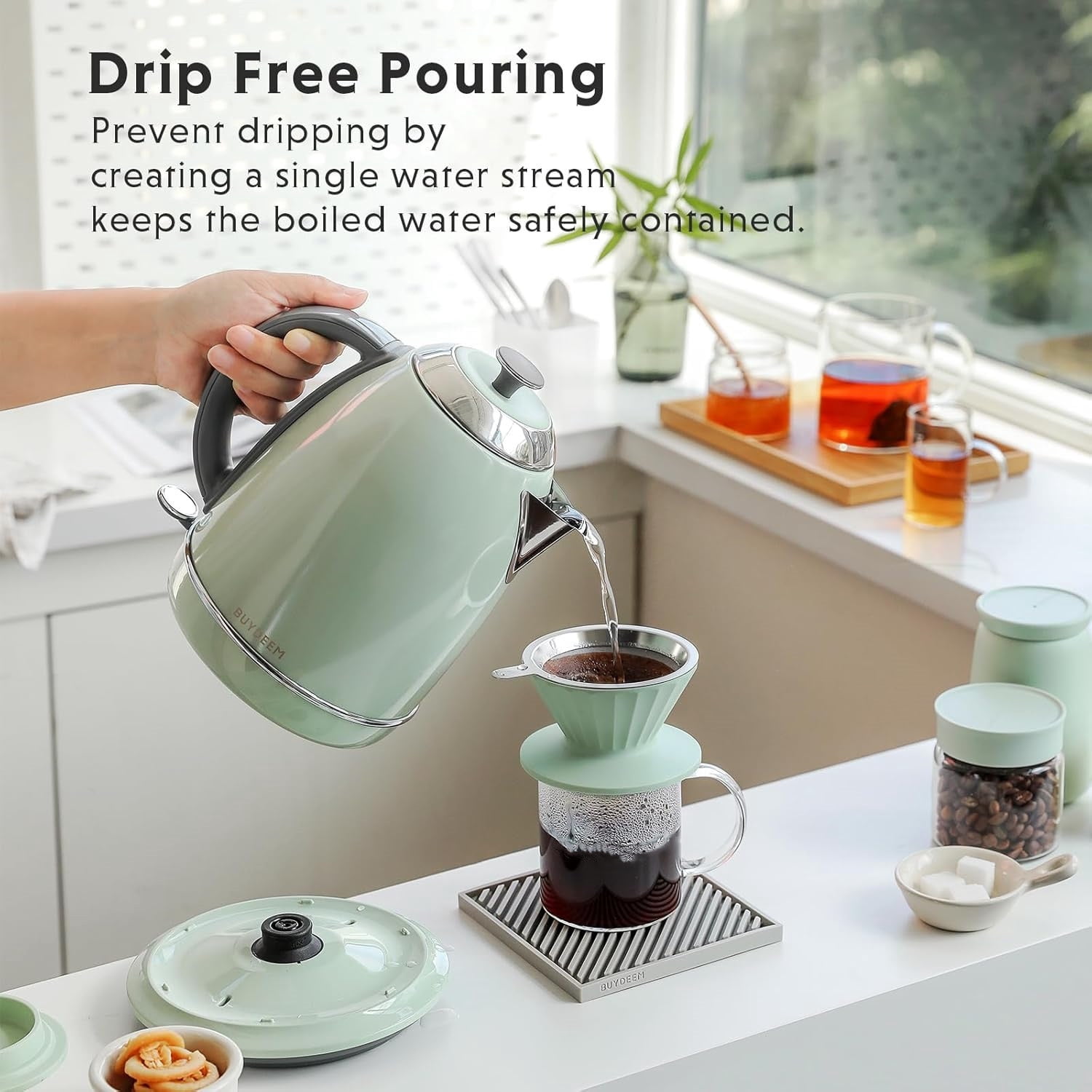 Stainless Steel Electric Tea Kettle with Auto Shut-Off and Boil Dry Protection, 1.7 Liter Cordless Hot Water Boiler with Swivel Base, 1440W, Cozy Greenish