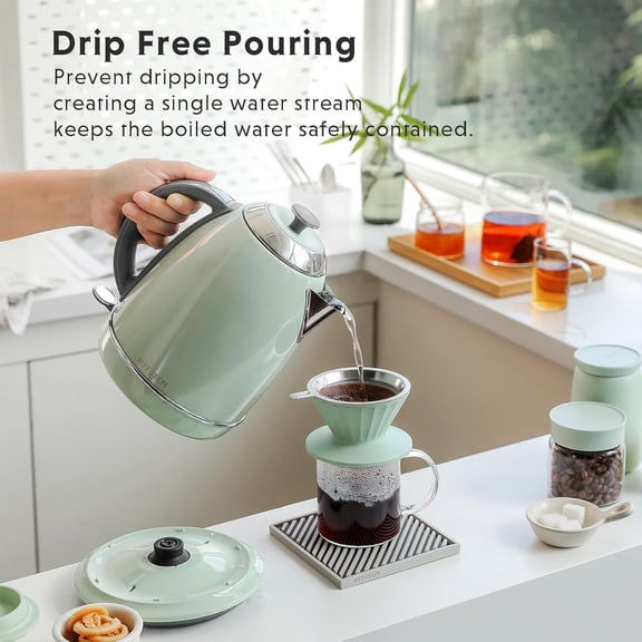 Stainless Steel Electric Tea Kettle with Auto Shut-Off and Boil Dry Protection, 1.7 Liter Cordless Hot Water Boiler with Swivel Base, 1440W, Cozy Greenish