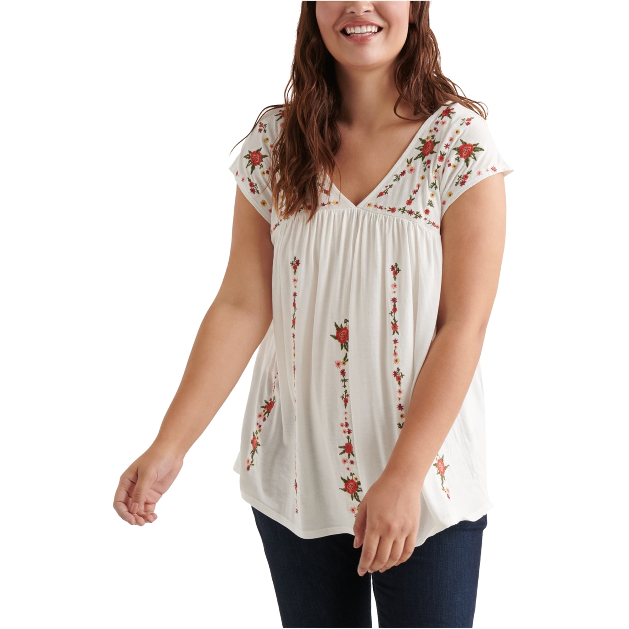 Lucky Brand Lucky Brand Womens Embroidered Pullover Blouse, white, 3X