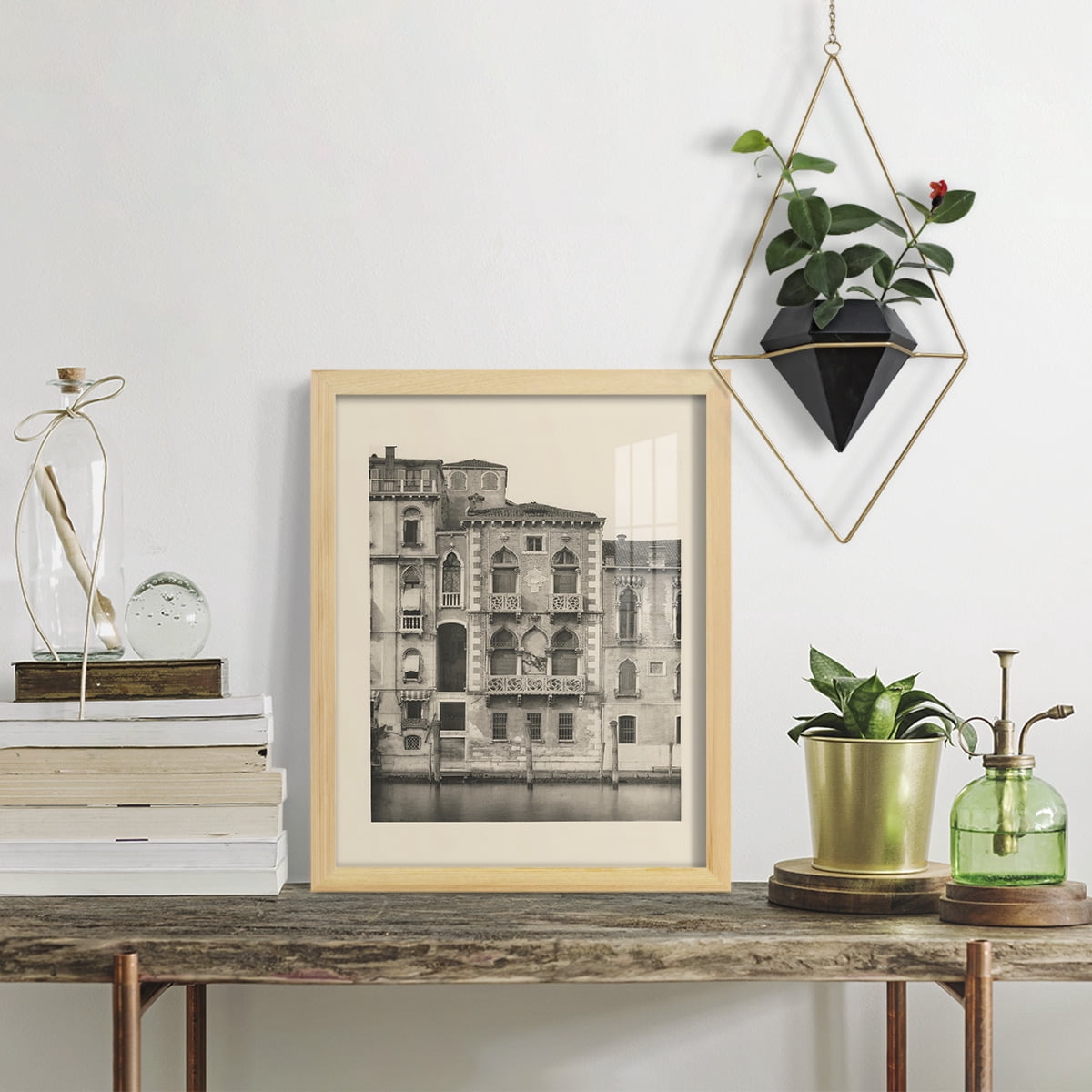 Vintage Views of Venice III - Framed Print w/glass - Natural Wood