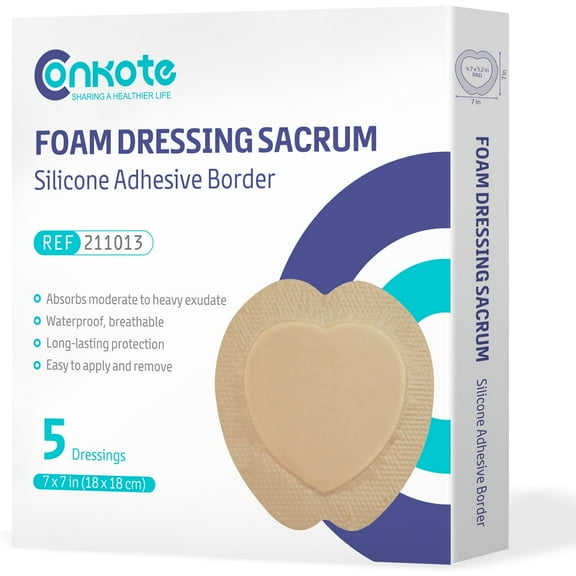 Conkote Sacral Silicone Foam Dressing 7‘’x 7‘’, Bed Sore Treatment Bandage for Sacrum, Box of 5 Dressings