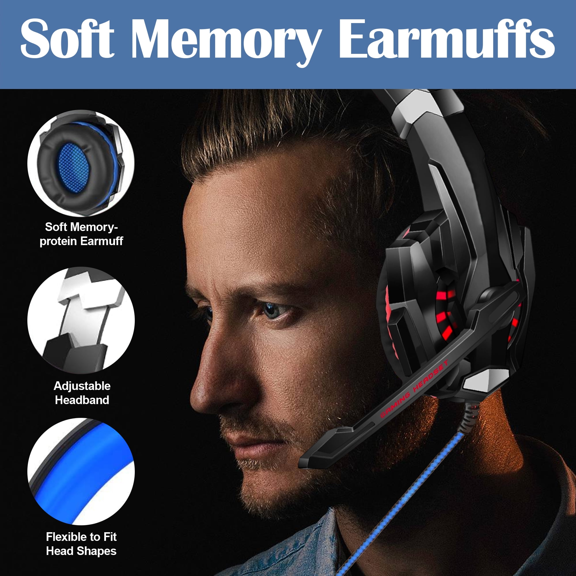 SPBPQY G9000 Stereo Gaming Headsets for PC P4 P5 Controller, Noise Cancelling Over Ear Headphones with Mic, LED Light, Bass Surround, Soft Memory Earmuffs (Blue)