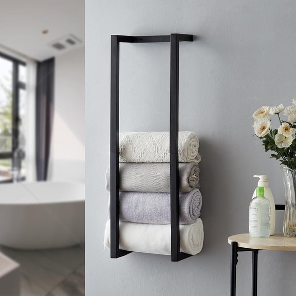 Bathroom Towel Rack Wall Mounted, Metal Rolled Towel Holder for Modern Spaces, Organizer for Bath Hand Washcloth Towels, Black