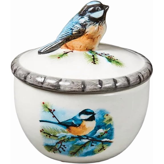 Bits and Pieces Chickadee Jewelry Box for Women, Hand-Painted Ceramic Trinket Box with Bird Figurine Lid, Small Decorative Keepsake Storage