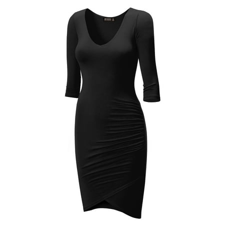 - MBJ WDR940 Womens Deep V Neck 3/4 Sleeve Tulip Bodycon Dress S BLACK