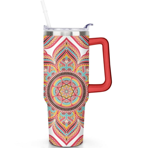 40oz Boho Mandala Tumbler with Handle, Leak Proof Flip Straw Lid, Vacuum Insulated 24 Hour Insulation Travel Cup Must Have
