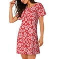 thumbnail image 2 of Balery Red Hibiscus Flower Camisón de manga corta con cuello redondo para mujer, cómodo y elegante., 2 of 6