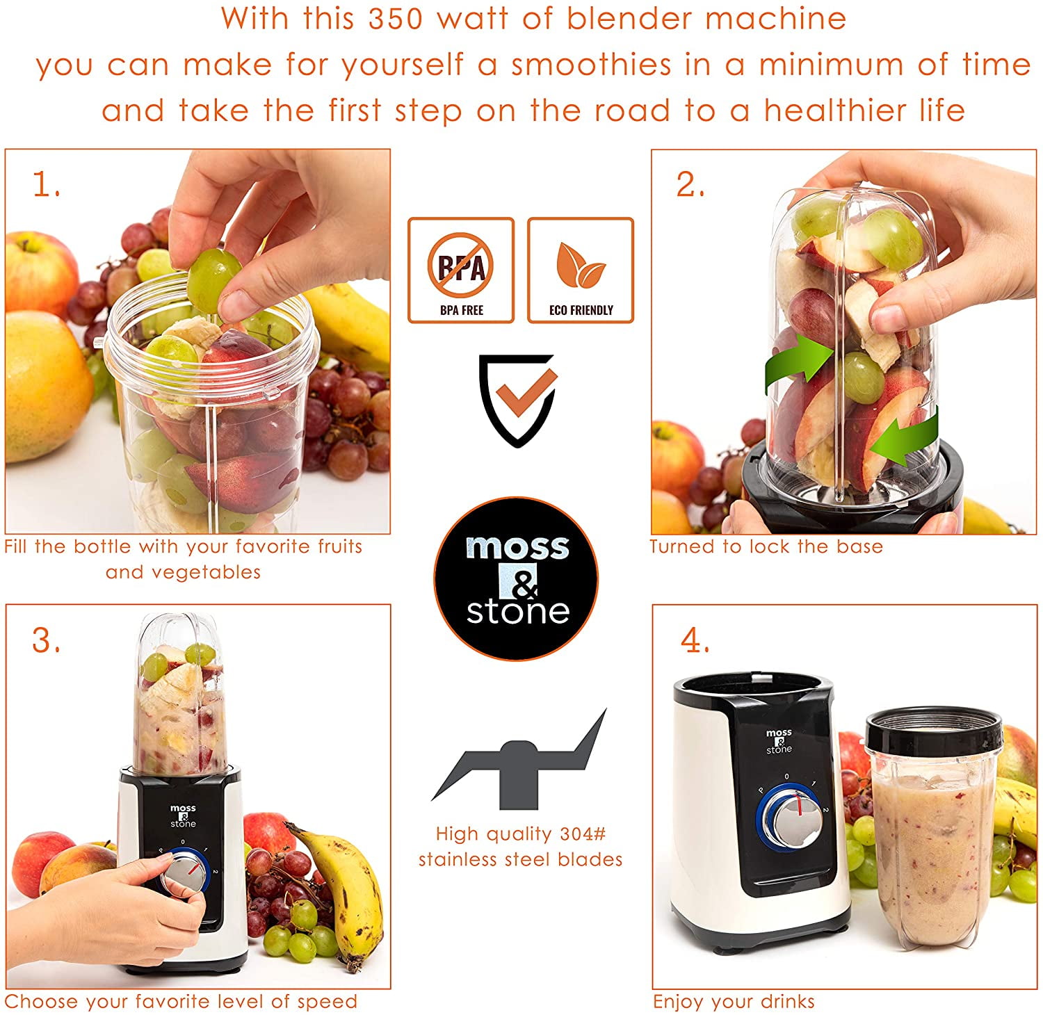 Moss & Stone 2 in 1 Personal Blender with Additional Blender Cup, Mini Blender, Juice Blender & Smoothie Maker (Ivory)