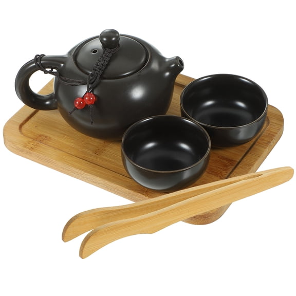 HOMEMAXS Portable Travel Tea Set Porcelain Kung Fu Tea Ware with a Teapot & 2 Teacups & Tea Tray & Tea Cloth & Tea Tong & - Black