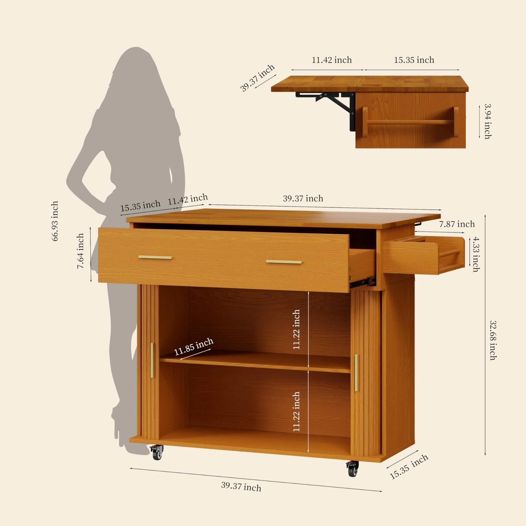 Rolling Kitchen Island Cart with Drop Leaf, Mobile Kitchen Cart on Wheels with Sliding Door, Drawer & Storage Rack, Yellow