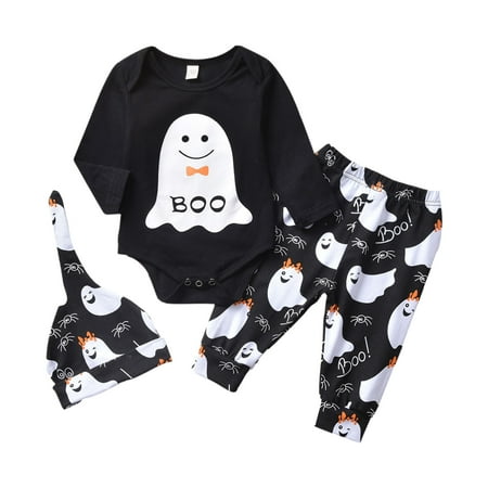 

ZHUASHUM Toddler Kids Boys Girls Outfit Prints Long Sleeves Romper Pants Hat 3pcs Set Outfits