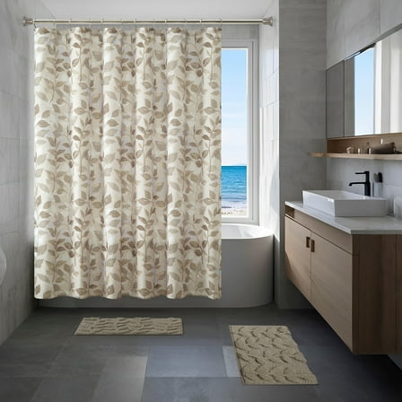 Mainstays 15-Piece Brown Leaves Bathroom Set – Shower Curtain, Bath Rugs & Hooks, Nature-Inspired Washable Décor