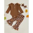 thumbnail image 2 of Suealasg 3Pcs Baby Girl Halloween Clothes Long Sleeve Ribbed Romper +Pumpkin Flower Print Flare Pants+ Headband Set 3 6 9 12 18 Months Infant Girl Halloween Outfits, 2 of 7