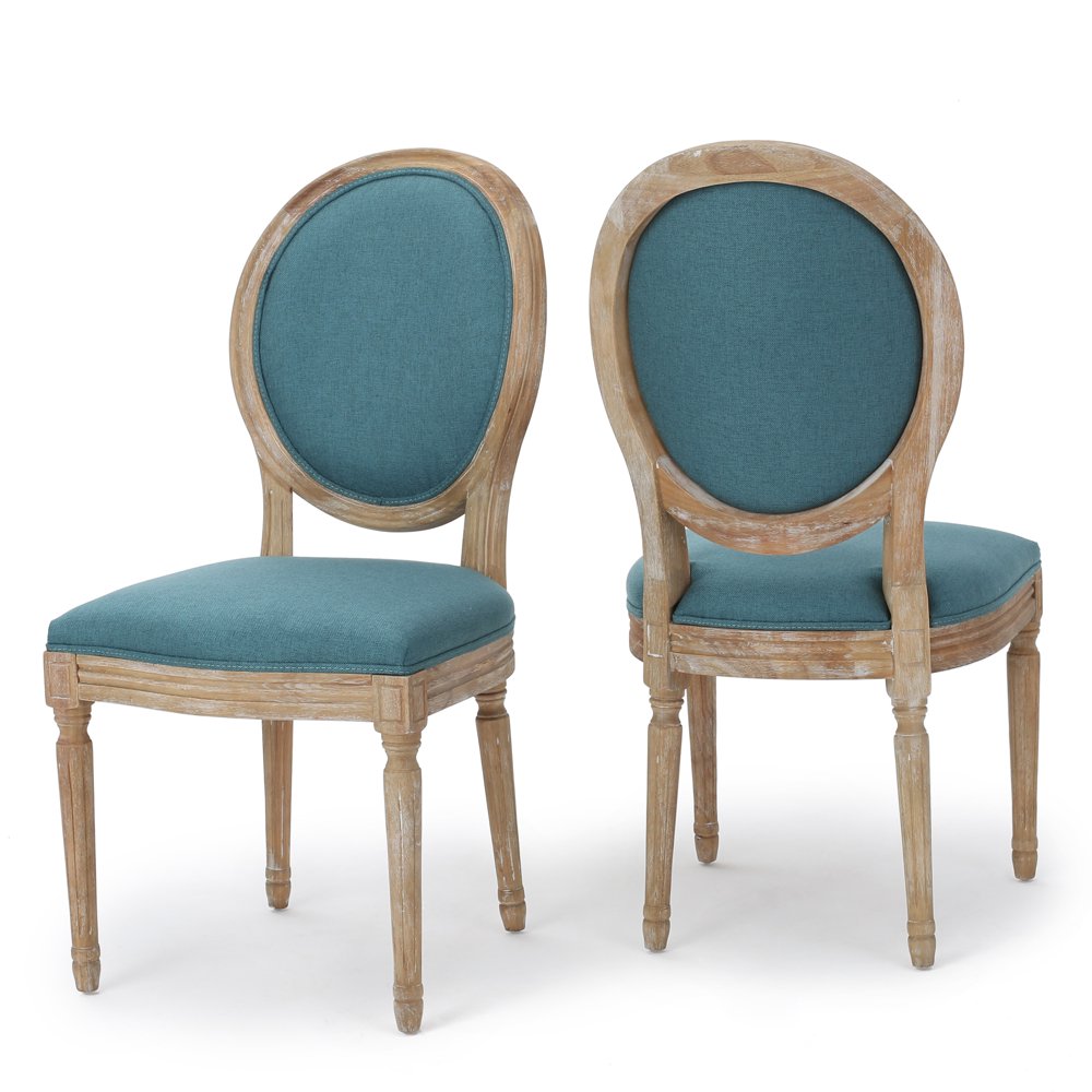 Phinnaeus French Country Fabric Dining Chairs (Set of 2), Dark Teal and
