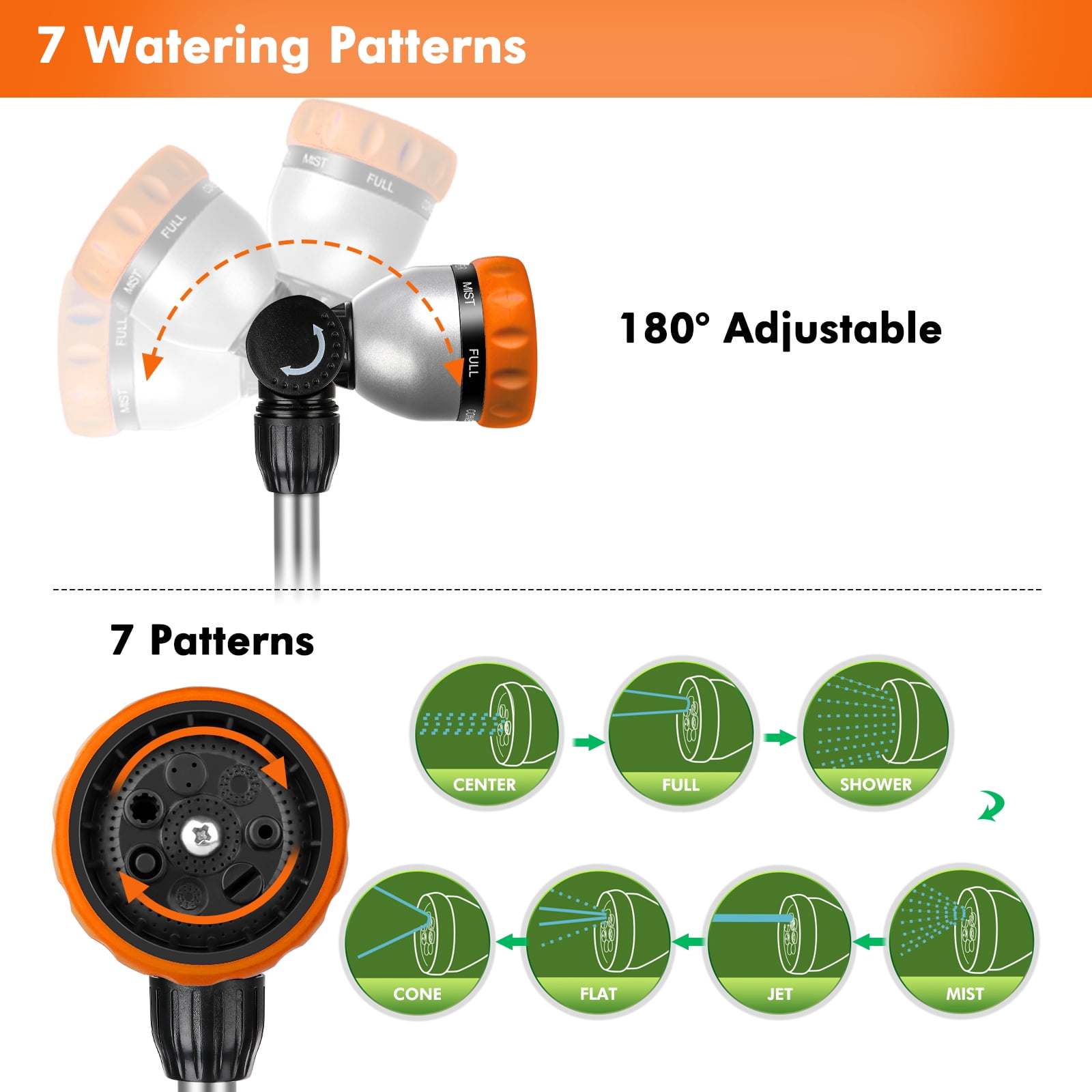 Restmo Metal Watering Wand, Heavy Duty Garden Hose Wand with 180° Swivel Ratcheting Head, 16'' Hose Nozzle Sprayer with 7 Spray Patterns and Flow Control, for Water Hanging Baskets and Shrubs, Orange