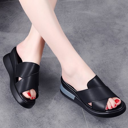 

Women‘s Low Wedge Cross Strap Sandals Solid Color Open Toe Slippers Comfortable Outdoor Slides Shoes