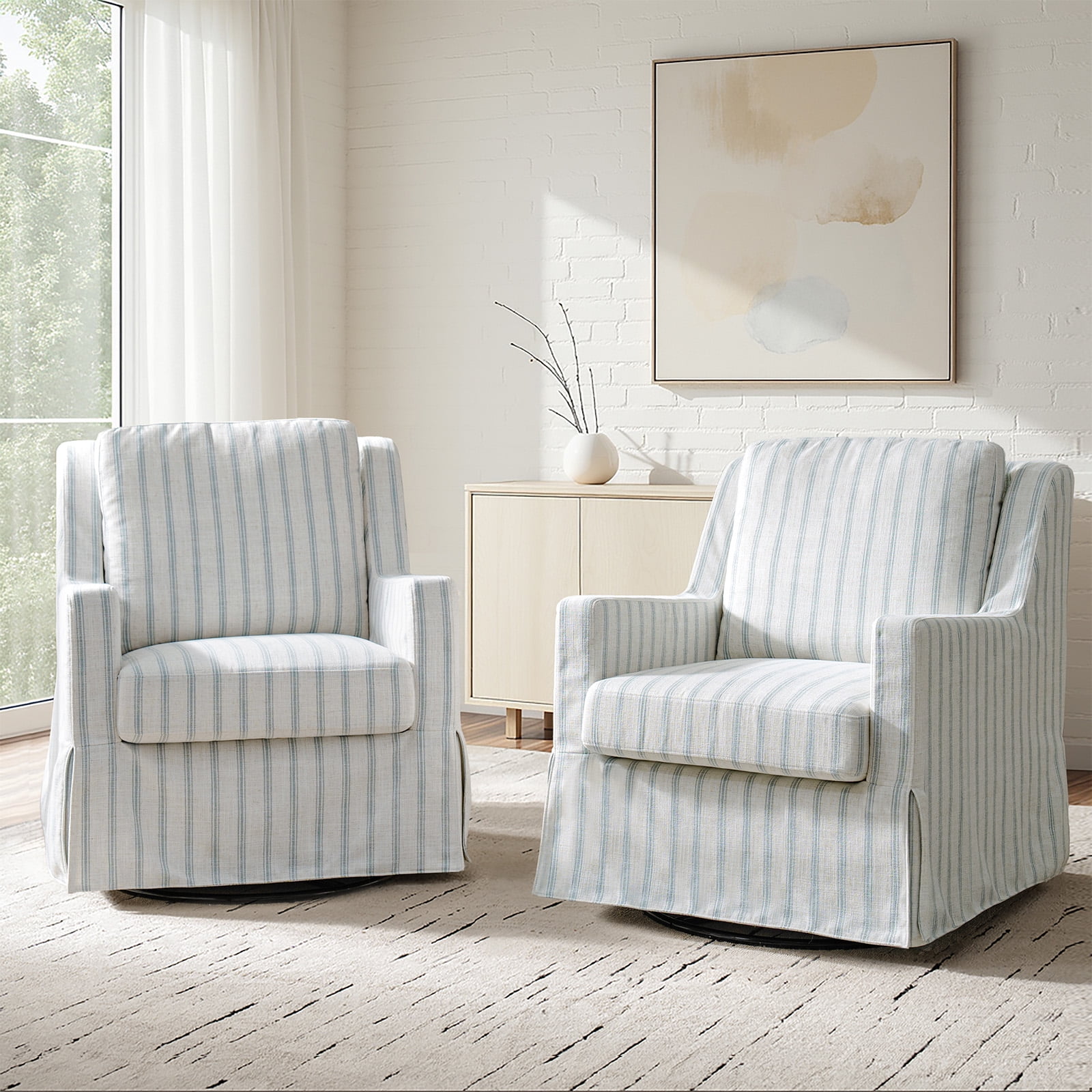 Farmhouse Swivel Rocking Chairs Set of 2 Upholstered Glider Rocker with Removable Washable Slipcover, Nursery Accent Chair Blue Thin Stripes