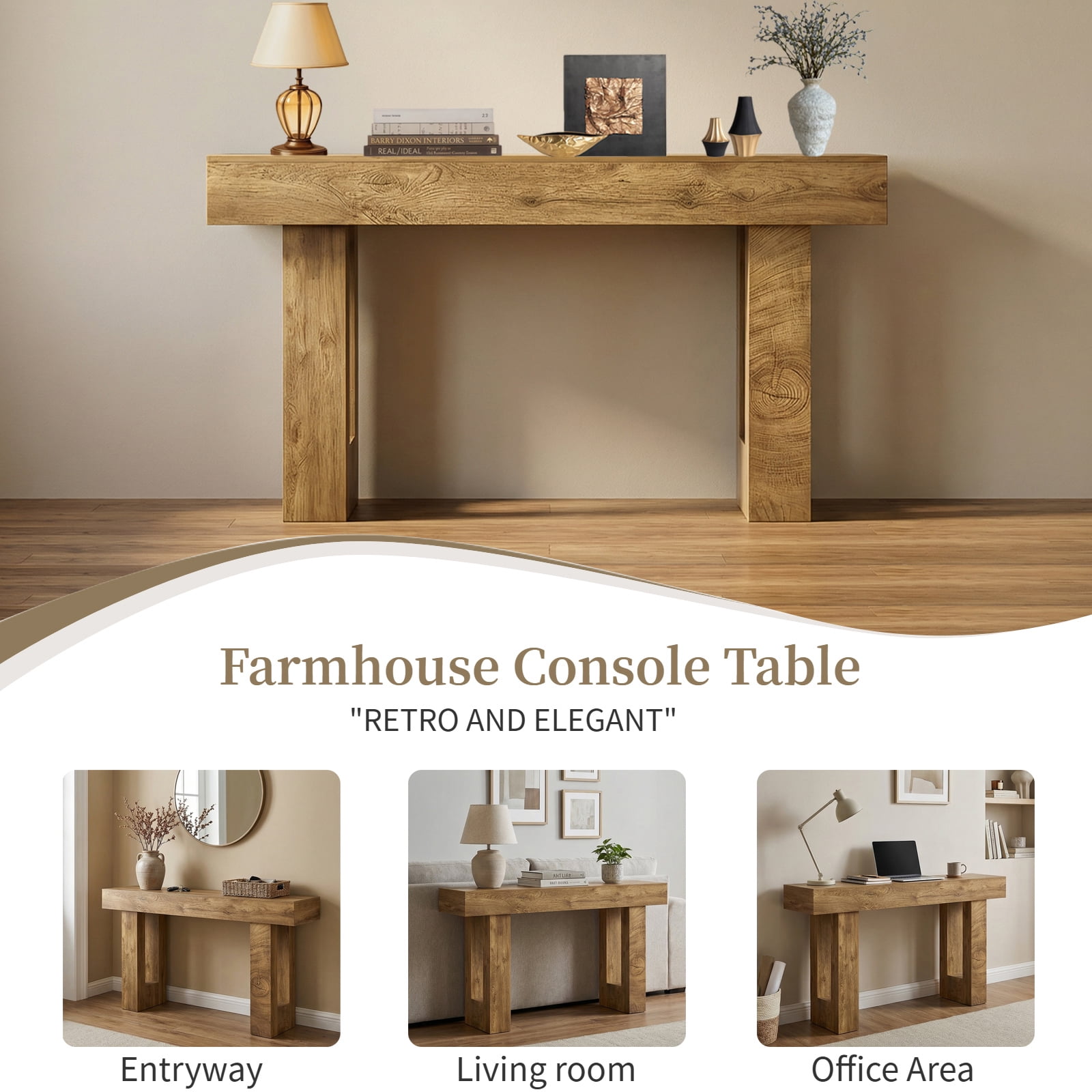 Hommoo Console Table, Farmhouse Entryway Table, Multifunctional Wooden Rectangular Sofa Table for Entrance, Hallway, Living Room, Foyer, Natural