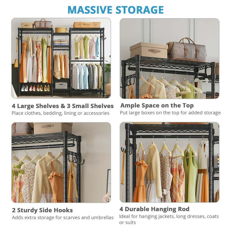 JustRoomy Heavy Duty Clothes Rack for Hanging Clothes, Large Garment Rack  with Shelves Portable Closet Wardrobe Rack Freestanding Adjustable Metal