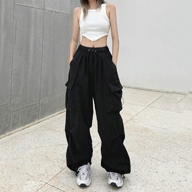 Pantalones Cargo Y2K para mujer, ropa de calle Harajuku, holgados, de pierna ancha, de paracaídas, estilo coreano, para correr, novedad de 2023